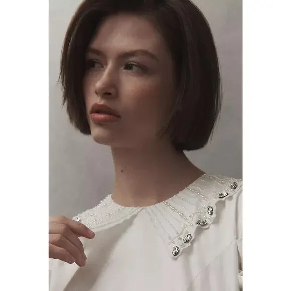 Anthropologie BHLDN Pearl Crystal Collar Puff Sleeve Ivory Mini Dress M